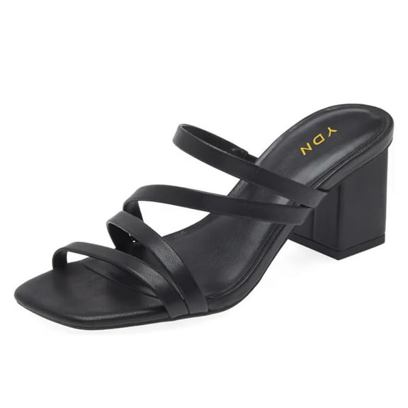 YDN Women's Strappy Square Open Toe Slide Sandals Slip On Block Mid Heels Mules Slippers Daily Dressy Party Shoes Size 7 Black