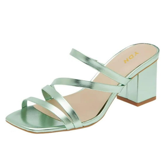 YDN Women's Strappy Square Open Toe Slide Sandals Slip On Block Mid Heels Mules Slippers Daily Dressy Party Shoes Size 7 Green