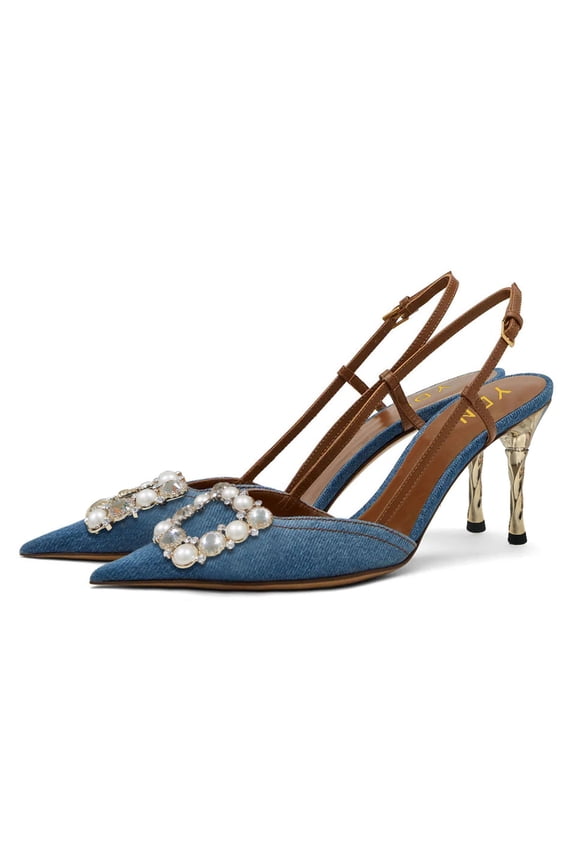 Women's Stylish Metal High Heel Slingback Pumps Pointy Toe Pearls Buckle Strap Shoes for Wedding Bridal Dress Size 6 Brown Strap