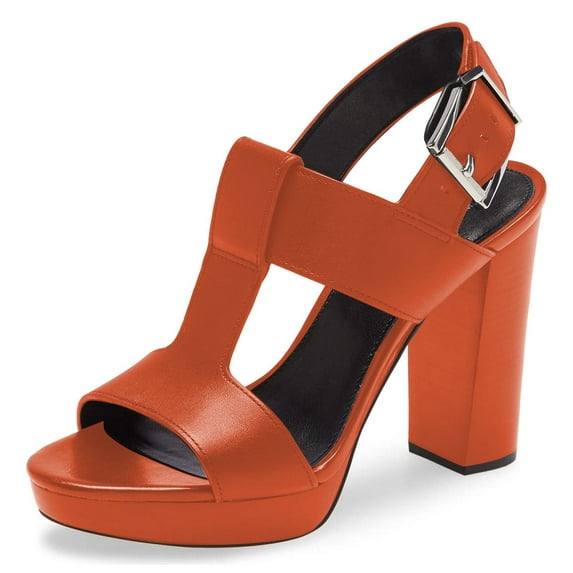 YDN Women's T-Strap Chunky High Heel Sandals Buckled Strap Platform Open Toe Slingback Pumps Dress Office Party Shoes Size 5 Orange