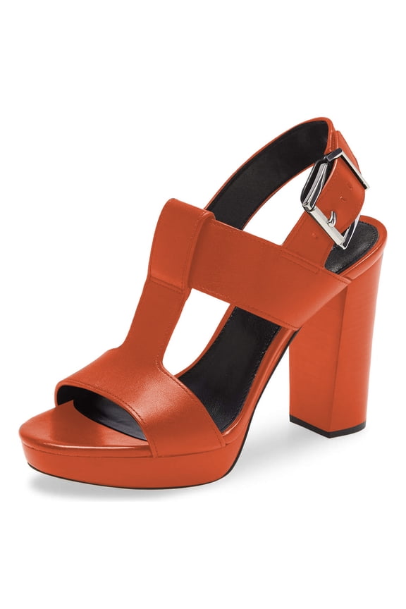 Women's T-Strap Chunky High Heel Sandals Buckled Strap Platform Open Toe Slingback Pumps Dress Office Party Shoes Size 6 Orange