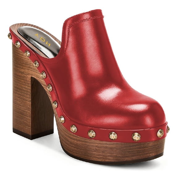 YDN Women's Wooden Platform Heeled Mules Closed Round Toe High Block Heel Slip On Clogs Shoes with Studs Evening Party Daily Outfit Footwear Size 16 Red