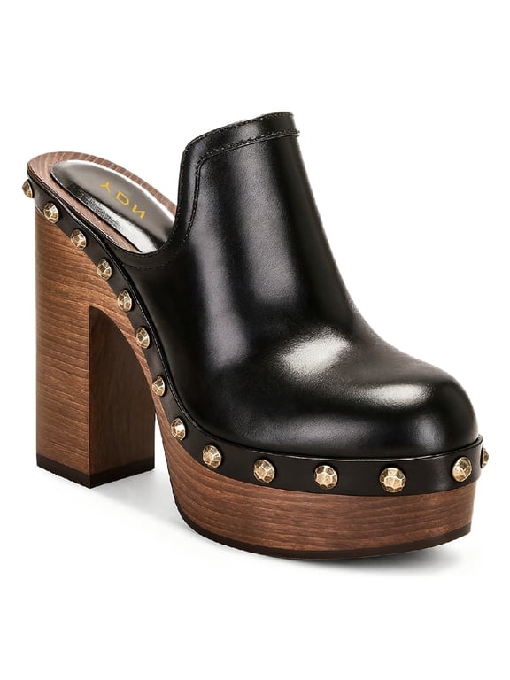 Women's Wooden Platform Heeled Mules Closed Round Toe High Block Heel Slip On Clogs Shoes with Studs Evening Party Daily Outfit Footwear Size 9 Black
