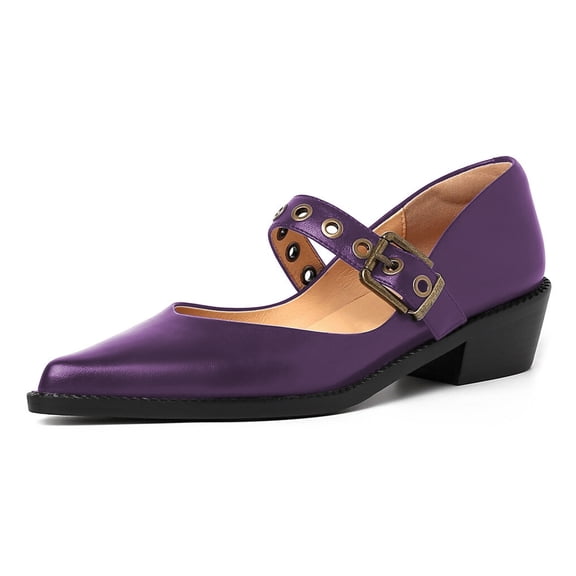 YDN Womens Comfy Pointed Closed Toe Low Block Heel Pumps Strap Buckle Mary Jane Shoes Casual Daily Dress Size 10.5 Purple