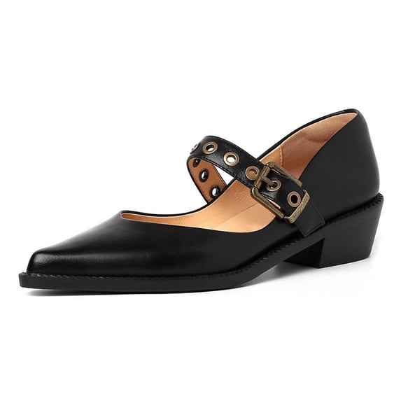 YDN Womens Comfy Pointed Closed Toe Low Block Heel Pumps Strap Buckle Mary Jane Shoes Casual Daily Dress Size 12 Black