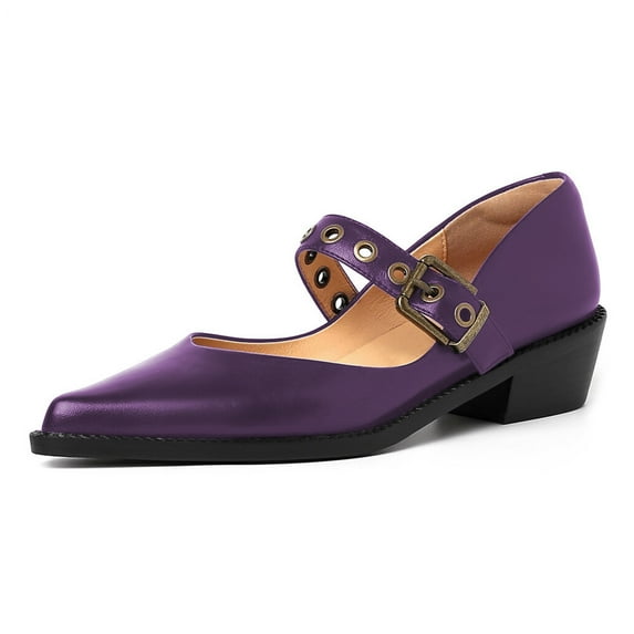YDN Womens Comfy Pointed Closed Toe Low Block Heel Pumps Strap Buckle Mary Jane Shoes Casual Daily Dress Size 7 Purple