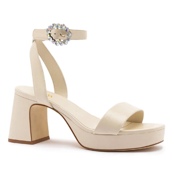 YDN Womens Open Toe Platform Sandals Chunky Mid High Heels with Rhinestone Studded Strap Dressy Casual Party Daily Shoes Size 10 Ivory