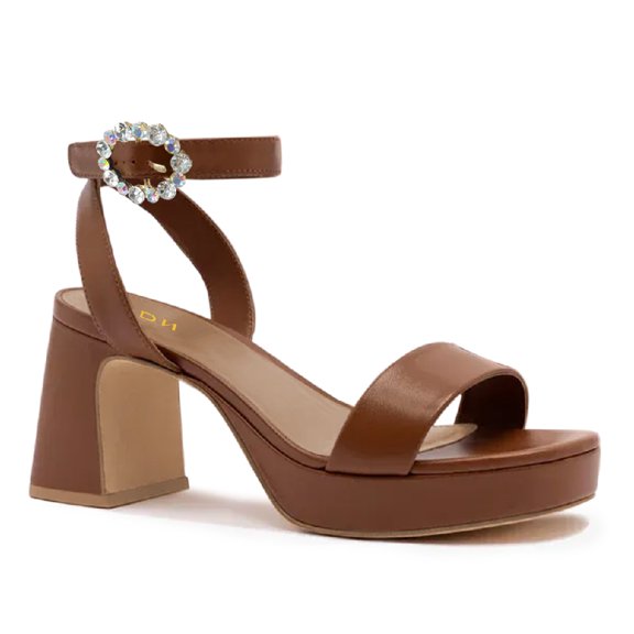 YDN Womens Open Toe Platform Sandals Chunky Mid High Heels with Rhinestone Studded Strap Dressy Casual Party Daily Shoes Size 14 Brown
