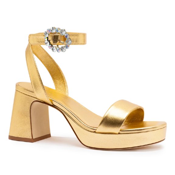 YDN Womens Open Toe Platform Sandals Chunky Mid High Heels with Rhinestone Studded Strap Dressy Casual Party Daily Shoes Size 4 Gold
