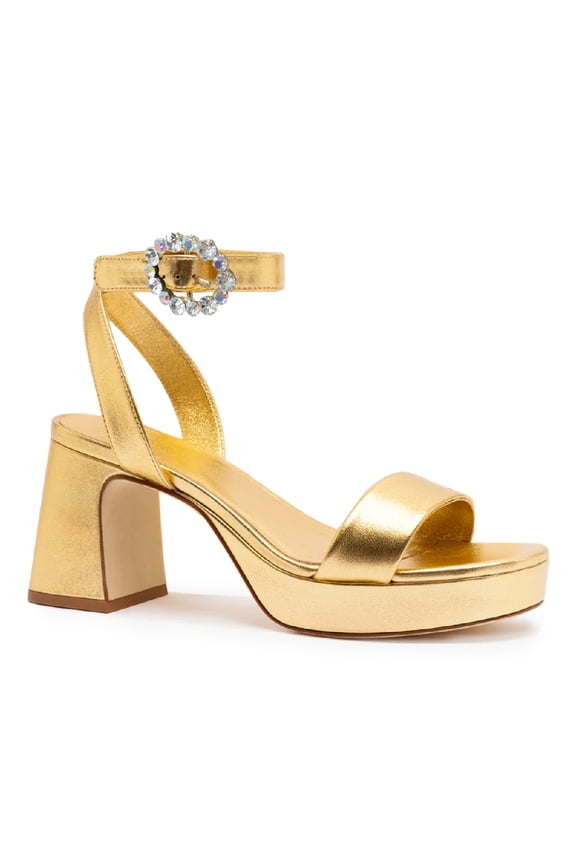 Womens Open Toe Platform Sandals Chunky Mid High Heels with Rhinestone Studded Strap Dressy Casual Party Daily Shoes Size 4 Gold