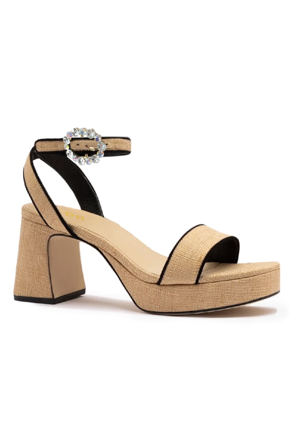 Womens Open Toe Platform Sandals Chunky Mid High Heels with Rhinestone Studded Strap Dressy Casual Party Daily Shoes Size 9 Khaki