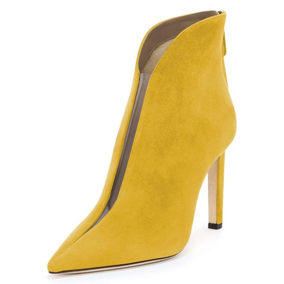 YDN Womens Pointed Closed Toe V Cut Ankle Booties Mid Heel Back Zippers Short Boots Prom Party Work Dress Shoes Size 7.5 Yellow