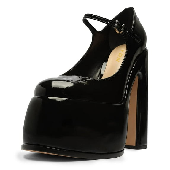 YDN Womens Thick Platform Round Toe Mary Jane Pumps Ankle Buckle Strap Super High Heels Casual Outfit Party Shoes Size 6.5 Black