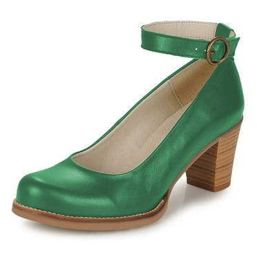 YDN Womens's Chunky Heel Ankle Strap Buckle Pumps Round Toe Mid Stacked Heels Daily Outfit Event Shoes Size 4 Green
