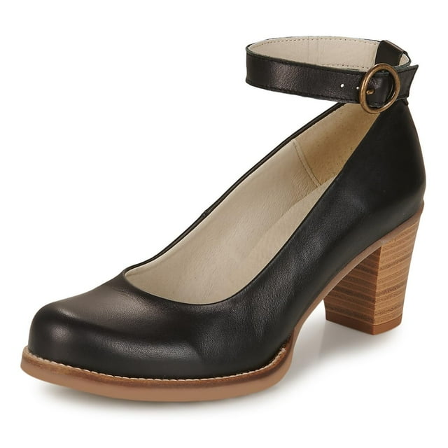 YDN Womens's Chunky Heel Ankle Strap Buckle Pumps Round Toe Mid Stacked Heels Daily Outfit Event Shoes Size 5.5 Black