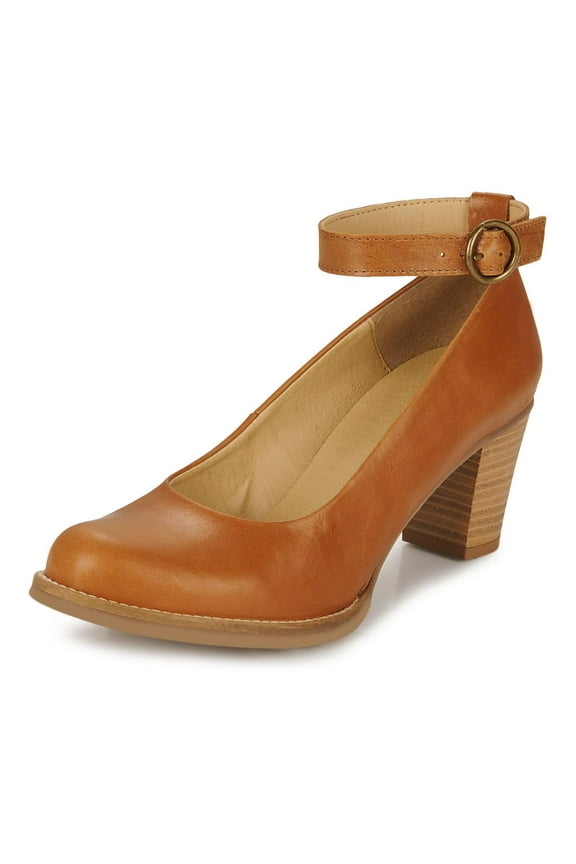 Womens's Chunky Heel Ankle Strap Buckle Pumps Round Toe Mid Stacked Heels Daily Outfit Event Shoes Size 5.5 Brown