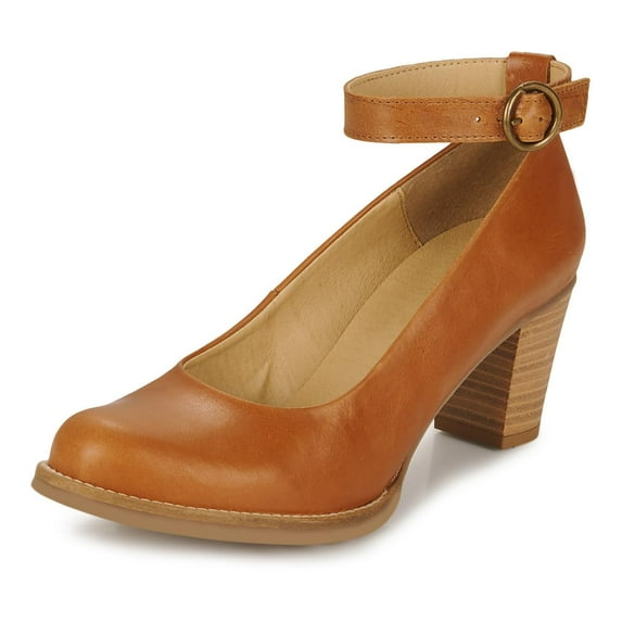 YDN Womens's Chunky Heel Ankle Strap Buckle Pumps Round Toe Mid Stacked Heels Daily Outfit Event Shoes Size 5 Brown