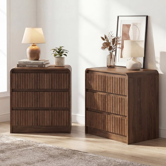 YDN Wooden Fluted Nightstand with Charging Station - 3 Drawers Bedroom Bedside Table Furniture, Modern End Table 24 inches Night Stand for Bedroom,Living Room, Walnut,Set of 2
