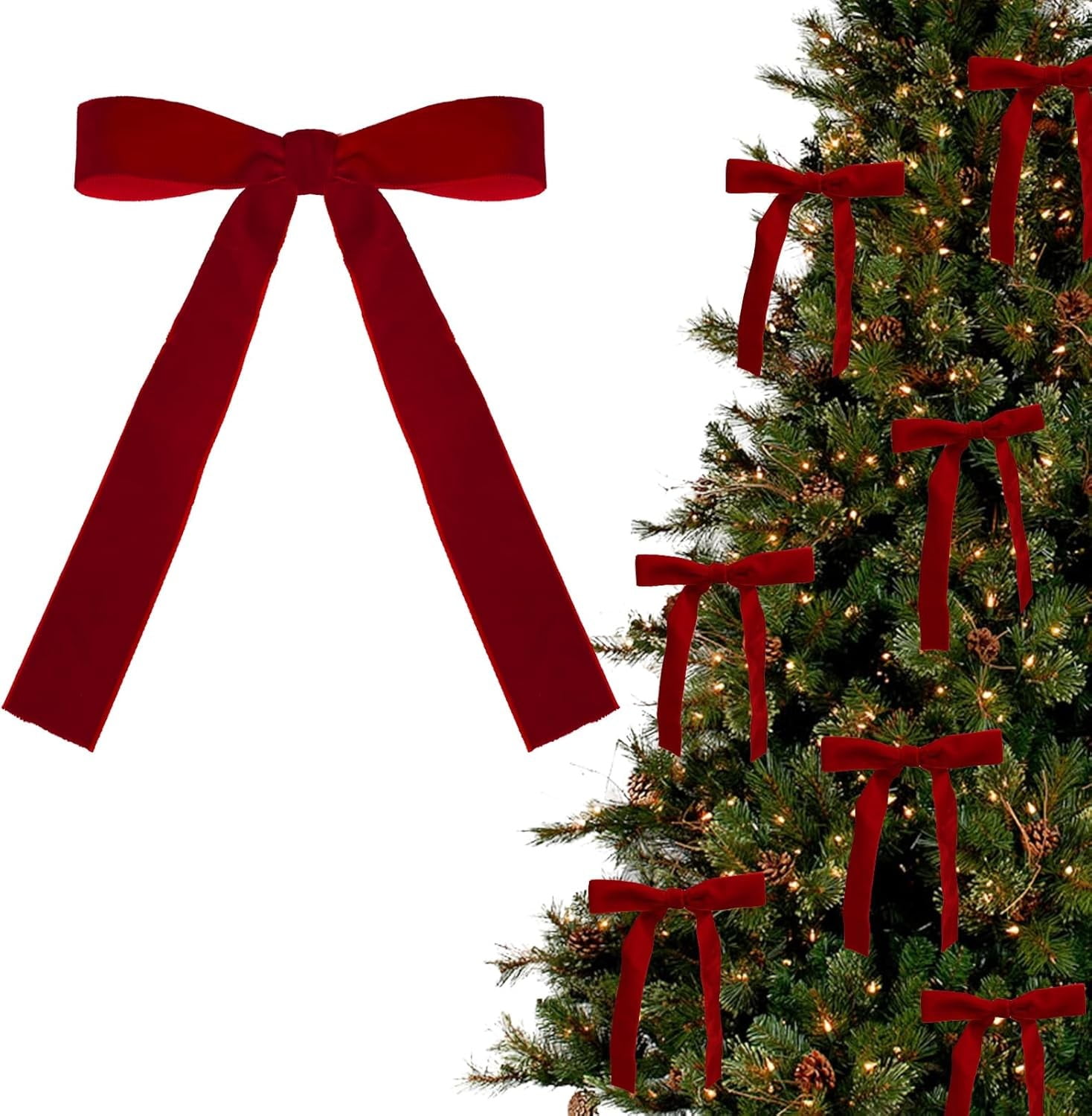 Wine Red Velvet Christmas Tree Bows with Gold Ties, Set of 12