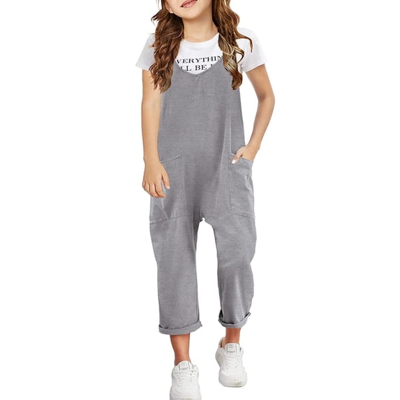 Mrzhqd Baby Girls Bodysuits Girls Casual Sleeveless Jumpsuits Spaghetti Strap Loose Overalls Rompers Long Pants With Pocket 1 Piece Overalls For 8-9 Years