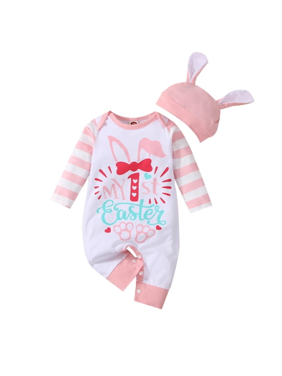 YDOJG Baby Toddler Girls Bodysuit Boy Girl Easter Outfits Clothes Striped 2 Piece My First Easter Long Sleeve Romper Jumpsuit Hat Set For 3-6 Months