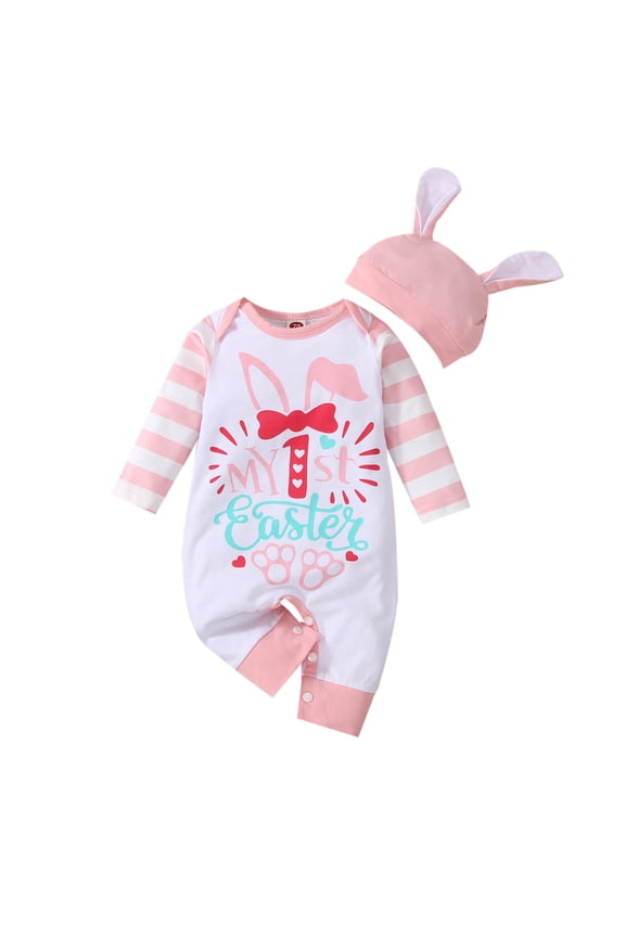 YDOJG Baby Toddler Girls Bodysuit Boy Girl Easter Outfits Clothes Striped 2 Piece My First Easter Long Sleeve Romper Jumpsuit Hat Set For 3-6 Months