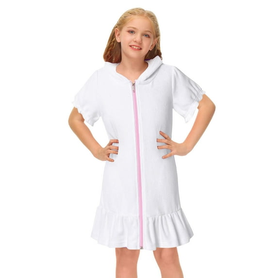 Mrzhqd Little Girls Dresses Hooded Zip Terrys Coverups Swim Beach Cover Up Cotton Summer Short Sleeve Bathing Suit Hooded Bathrobe Beach Dress 4-5 Years