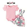 thumbnail image 1 of Bysome Cute Summer Toddler Girls Outfits Set Ribbed Short Sleeve Romper Flowers Prints Suspender Skirts Bow Tie Hairband Outfits For 0-3 Months, 1 of 9