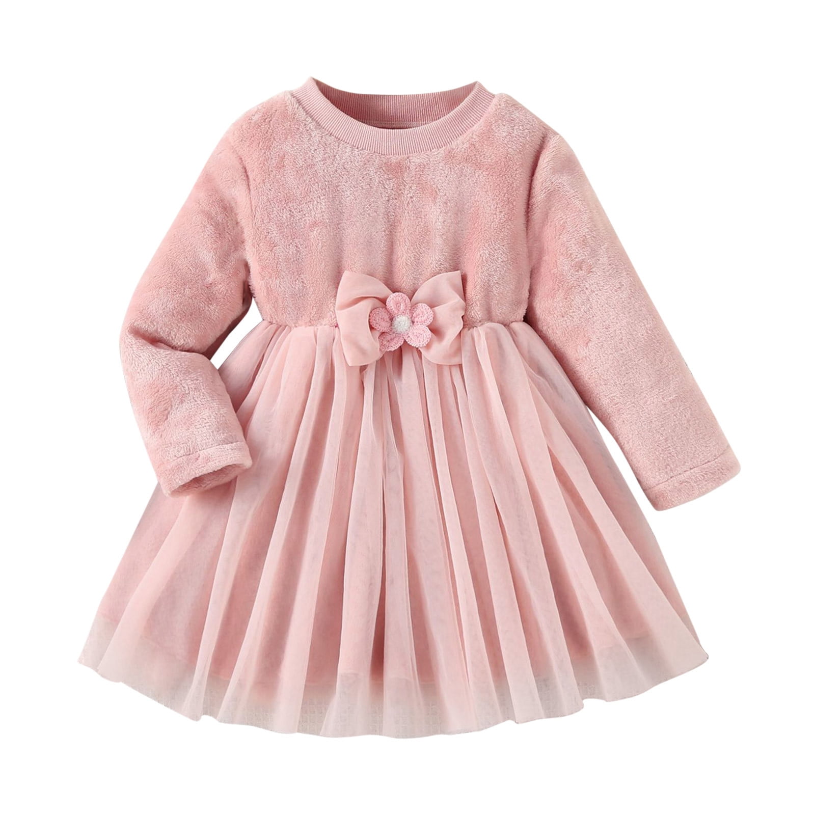 YDOJG Dresses For Girls Toddler Kids Baby Autumn Winter Bow Tie Warm Cotton Long Sleeve Tulle