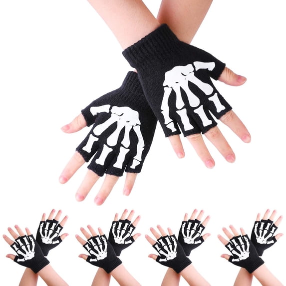 YDOJG Gloves for Toddler Boys Girls Warm 5 Pairs Kids Skeleton Warm Glow In The Dark Fingerless Knitted Gloves Mitten Black One Size