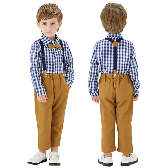 YDOJG Little Boys Outfit Sets Gentleman Two-Piece Suit Bow Tie Plaid Long Sleeve T-Shirt Tops And Suspender Pants Set For 3-4 Years