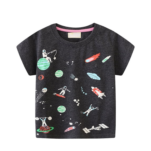 Mrzhqd T-Shirts For Boys Kids Luminous Astronaut Planetspaceship Short Sleeve T Shirts Cotton Cartoon Tops For Kids Black For 4-5 Years