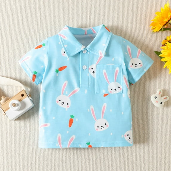 Mrzhqd Toddler Boys Girls Easter Tops T Shirt Short Sleeve Button-Down Shirt Tees Cartoon Bunny Rabbit Printed Kids Tops T Shirt With Pocket Summer Clothes For 2-3 Years