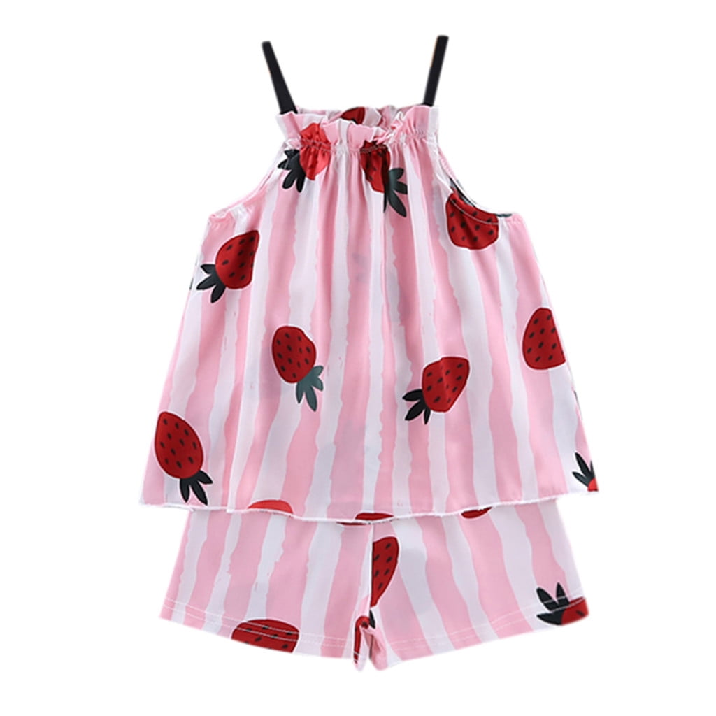 YDOJG Toddler Boys Girls Pajamas Baby Strawberry Suspender Tops+Shorts