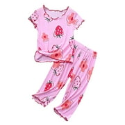 YDOJG Mrzhqd Toddler Boys Girls Pajamas Summer Girl Thin Pajamas Strawberry Pattern Wooden Ear Edge Short Sleeve Set Home Clothes Air Conditioning Clothes For 2-3 Years