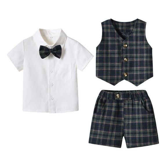 YDOJG Toddler Boys Short Sleeve Plaid Prints T Shirt Tops Vest Coat Shorts Child Kids Gentleman Outfits For 4-5 Years
