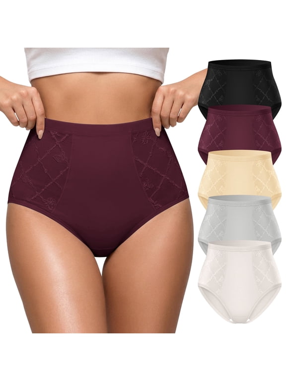 High Waisted Underwear for Women, Full Coverage Lace Brief Panties with Floral Mesh Panels, 5 Pack, XL
