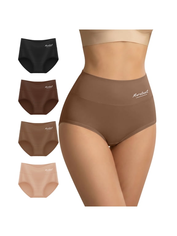 Women's High Waist Cotton Brief Panties, Tummy Control Full Coverage Underwear, 4-Pack, XXL