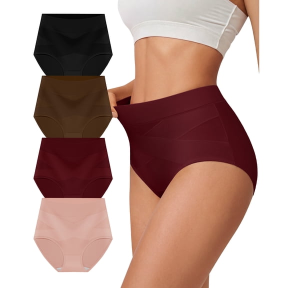 YDQ Women's High Waisted Cotton Underwear, Light Tummy Control Full Coverage Brief Panties with X-Cross Support, 4 Pack, XL