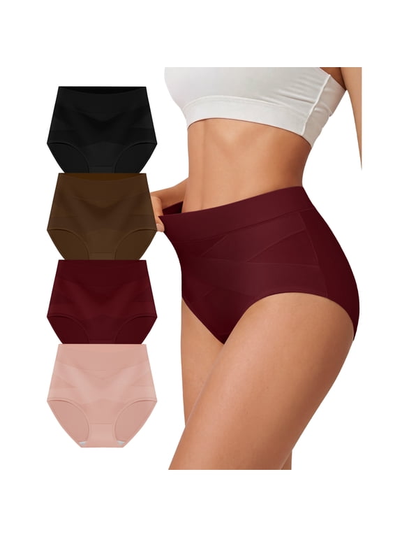 Women's High Waisted Cotton Underwear, Light Tummy Control Full Coverage Brief Panties with X-Cross Support, 4 Pack, XXL