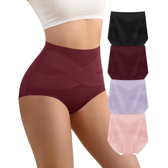 YDQ Women's High Waisted Tummy Control Underwear, Light Control Cotton Full Coverage Brief Panties, 4-Pack, XL