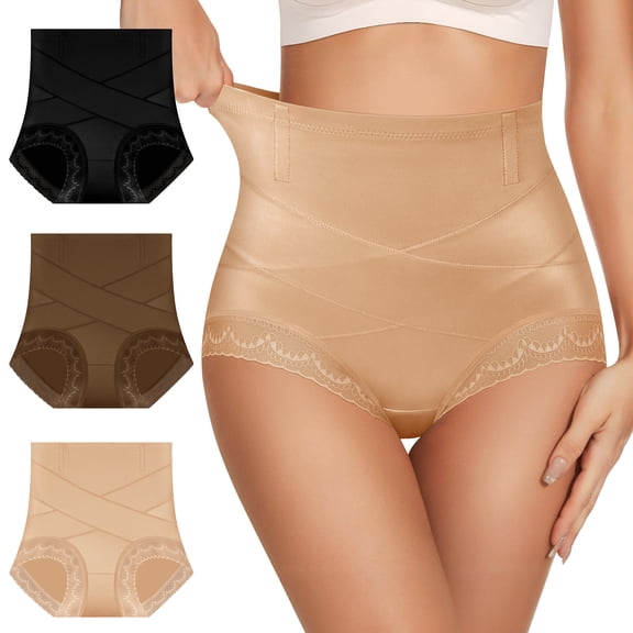YDQ Women's High-Waisted Tummy Control Shapewear Briefs, X-Crossover Support, Flexible Boning, Full Coverage, 3-Pack, Size XL
