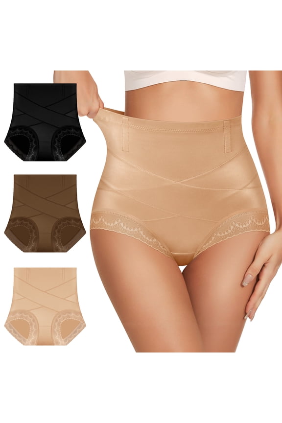 Women's High-Waisted Tummy Control Shapewear Briefs, X-Crossover Support, Flexible Boning, Full Coverage, 3-Pack, Size XL