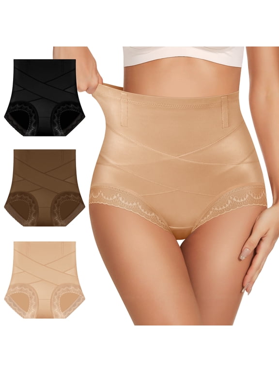 Women's High-Waisted Tummy Control Shapewear Briefs, X-Crossover Support, Flexible Boning, Full Coverage, 3-Pack, Size XL