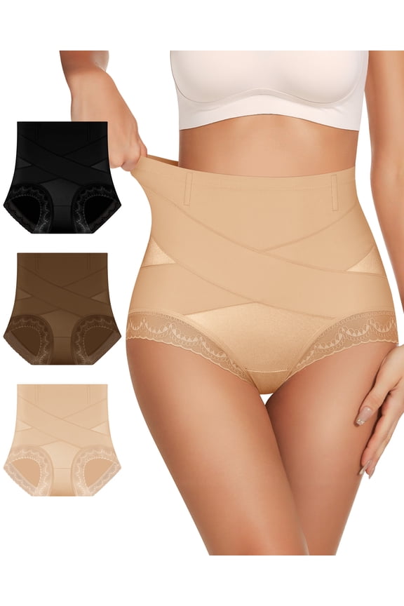 Women's High-Waisted Tummy Control Shapewear Briefs, X-Crossover Support, Flexible Boning, Full Coverage, 3-Pack, Size XL