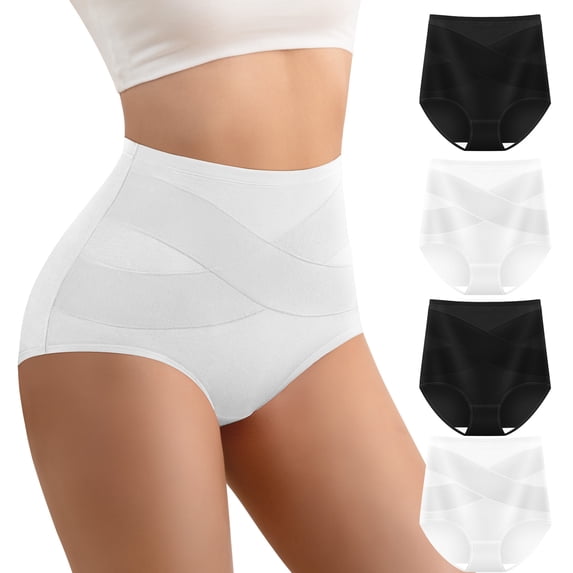YDQ Women's High Waisted Tummy Control Underwear, Light Control Cotton Full Coverage Brief Panties, 4-Pack, L