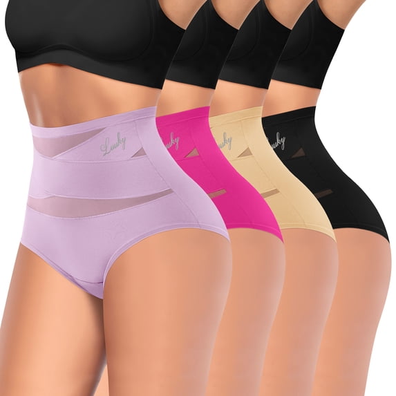 YDQ Women's High Waisted Tummy Control Underwear, Medium Control Full Coverage Shapewear Briefs with Breathable Mesh, 4 Pack, M