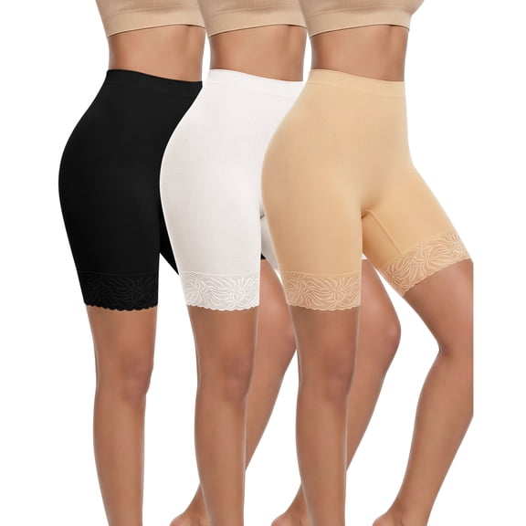 YDQ Women's Slip Shorts for Under Dresses, High Waisted Anti-Chafing Mid-Thigh Under Shorts with Lace Trim, 3 Pack, XL