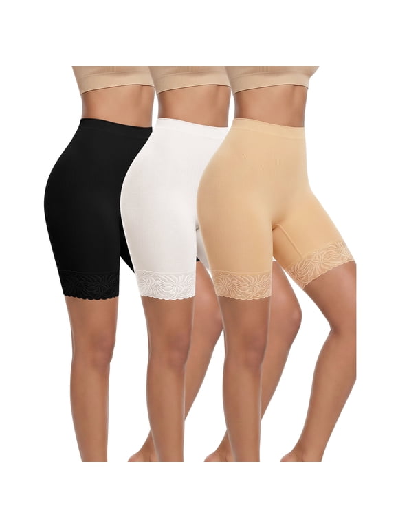 Women's Slip Shorts for Under Dresses, High Waisted Anti-Chafing Mid-Thigh Under Shorts with Lace Trim, 3 Pack, XL