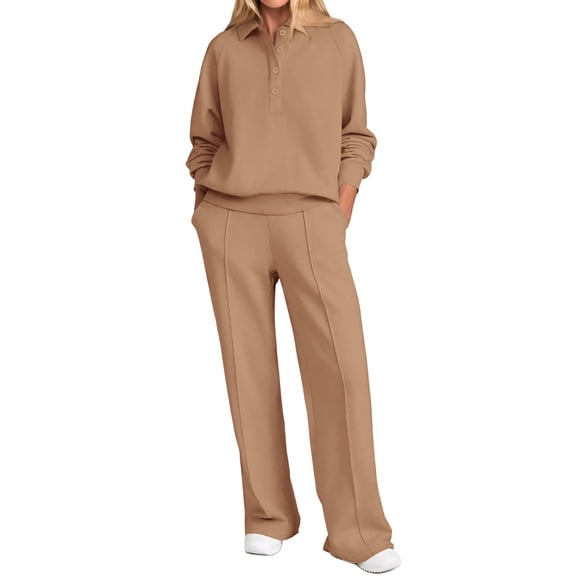 YDSLJYZ Women Fall 2 Piece Outfits Sweatsuits Quarter Button Long Sleeve Sweatshirt Wide Leg Pants Tracksuit Lounge Sets